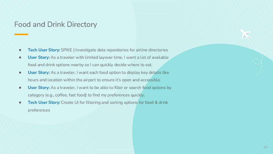 Food and Drink Directory user stories