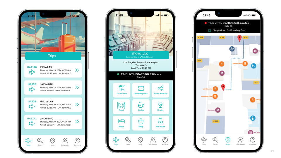Ground Mapper app screens — Trips, Layover dashboard, in-airport map