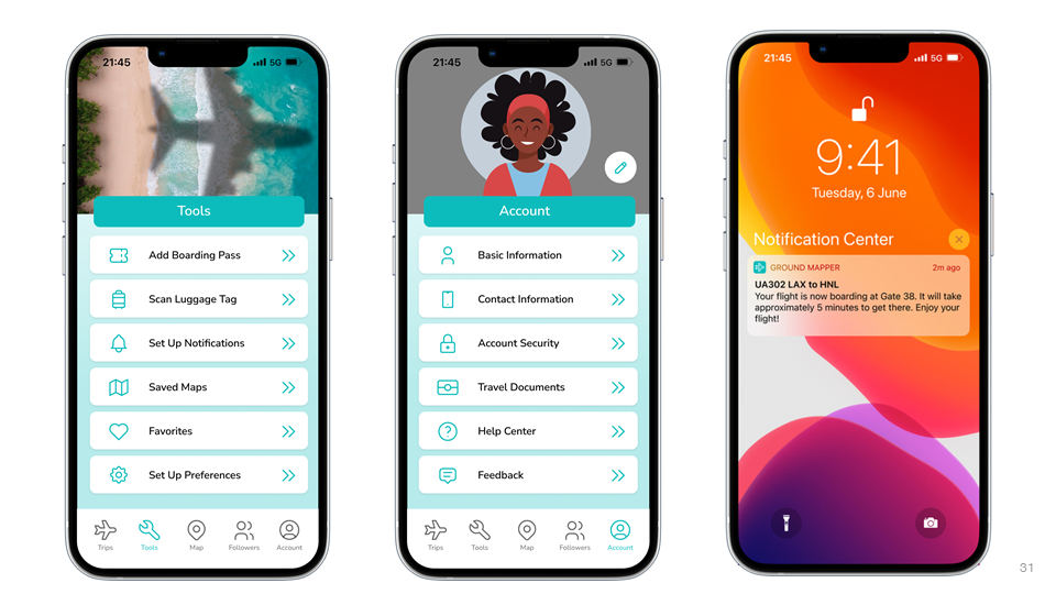 Ground Mapper app screens — Tools, Account, push notification